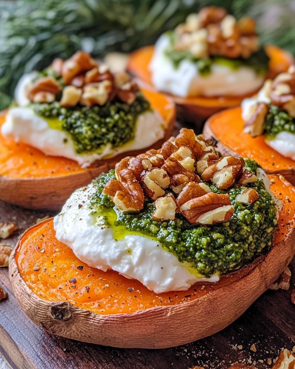 Stuffed Sweet Potatoes with Burrata, Toasted Walnuts & Sage Pesto