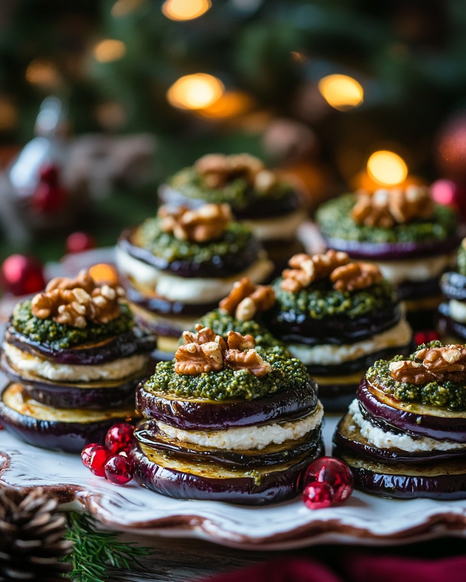 Eggplant & Ricotta Stacks With Walnut Pesto Drizzle