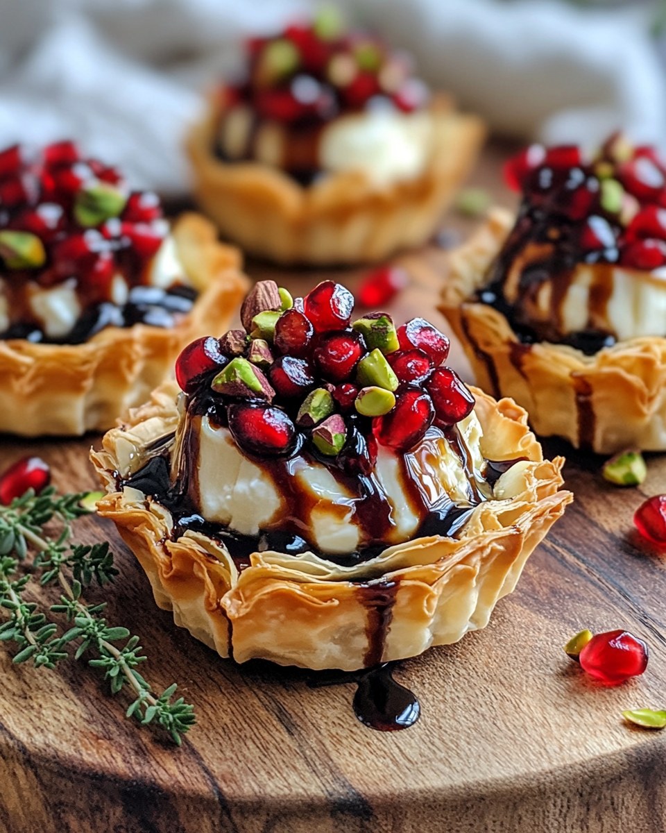 Pomegranate Pistachio Brie Phyllo Bites With Balsamic Glaze