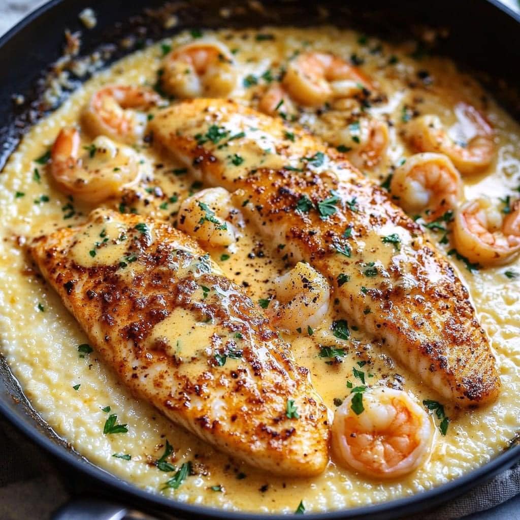 Red Snapper, Shrimp & Grits With A Cajun Cream Sauce