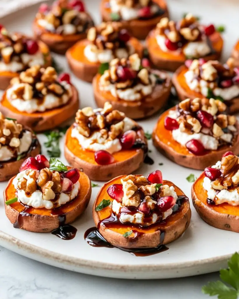 Roasted Sweet Potato Rounds With Whipped Feta, Honeyed Walnuts & Pomegranate