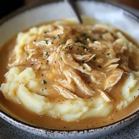 Shredded Chicken Gravy On Mashed Potatoes