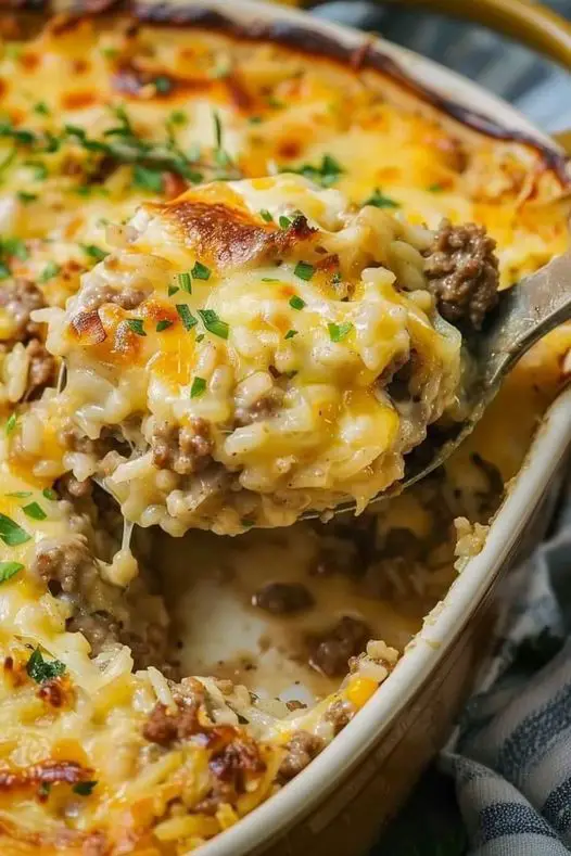 Cheesy Ground Beef And Rice Casserole