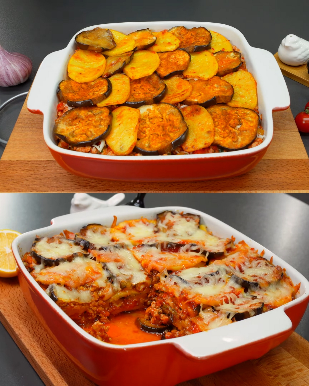 Layered Eggplant And Potato Bake With Mozzarella