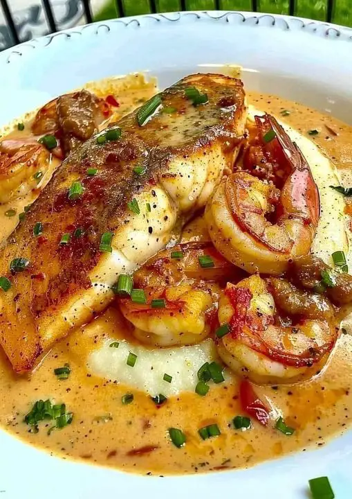 Red Snapper, Shrimp, & Grits With A Cajun Cream Sauce