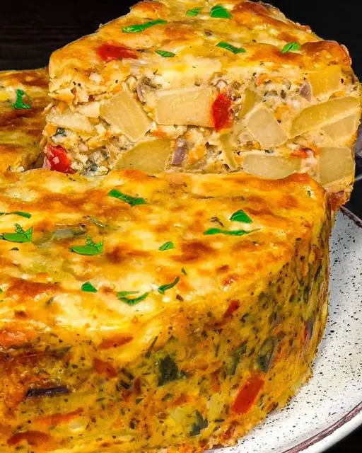 Rustic Potato And Vegetable Torte With Garden Salad