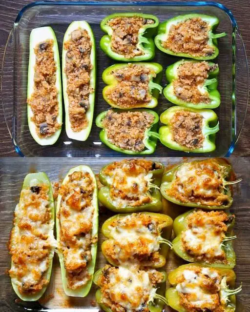 Stuffed Zucchini And Peppers With Bulgur And Mushrooms