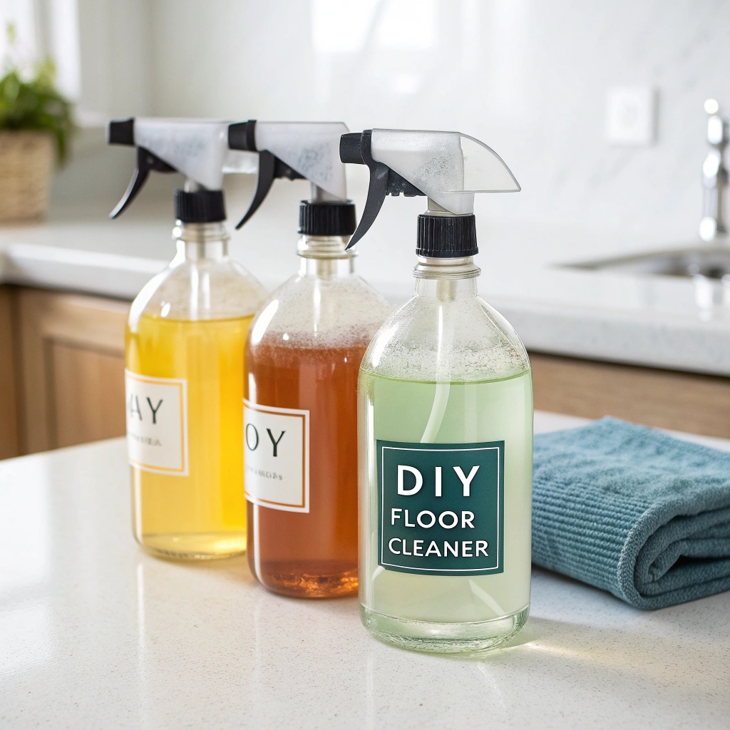  A Set Of Three Neatly Labeled Cleaning Solutions 