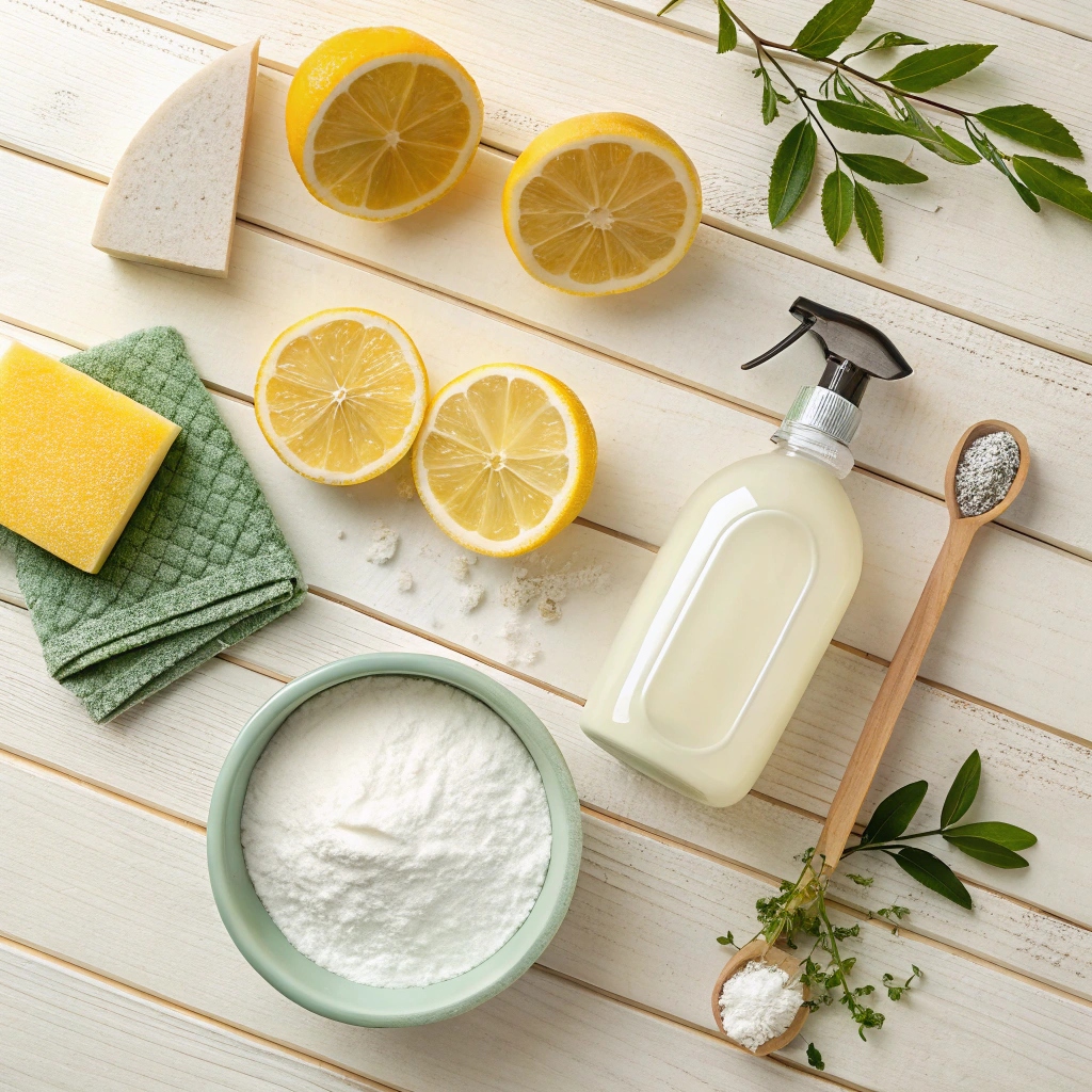 An Overhead View Of Various Household Cleaning Ing