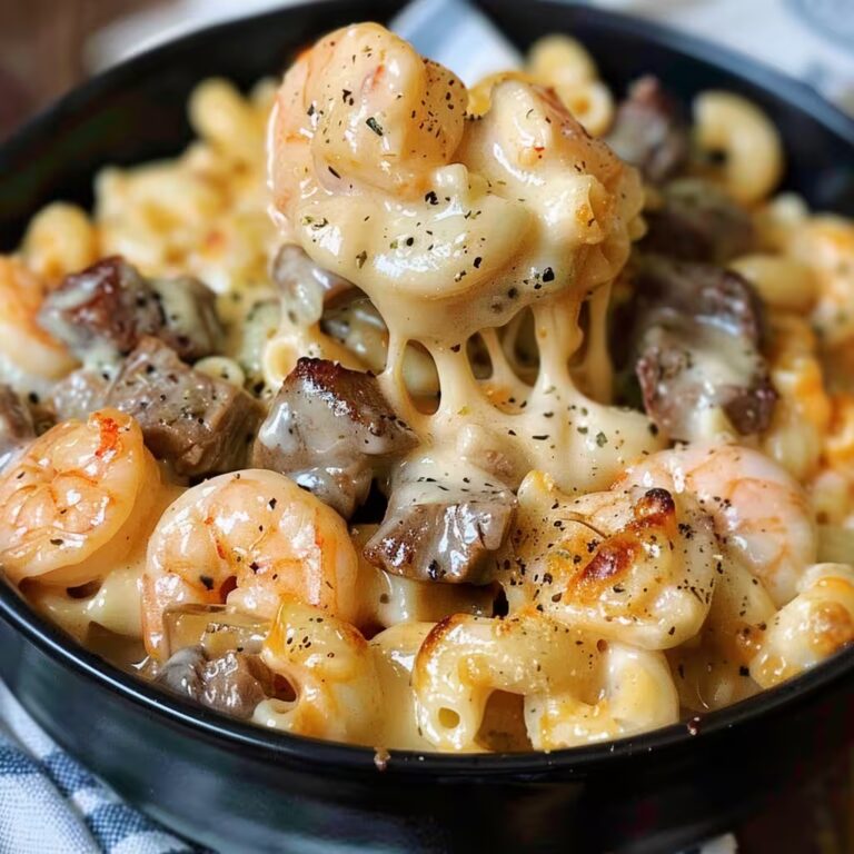 Cheesy Shrimp & Steak Alfredo Mac